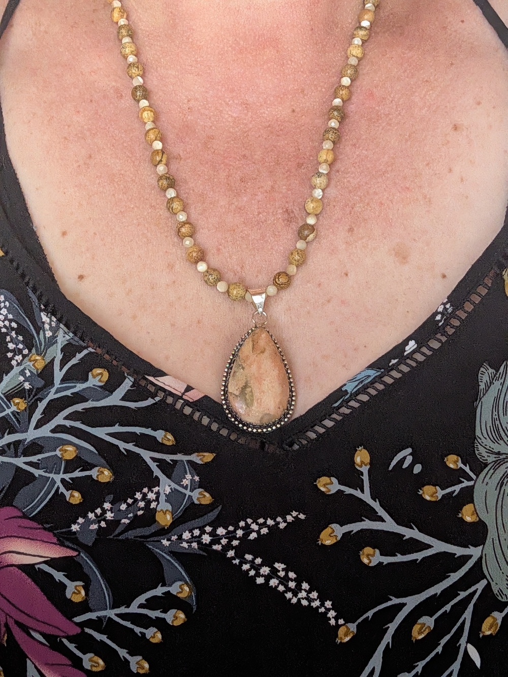 Beaded Jasper Teardrop Pendant Necklace - Natural Brown and Cream